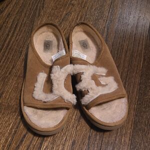 UGG Chestnut Suede Shearling Logo Slide Sandals